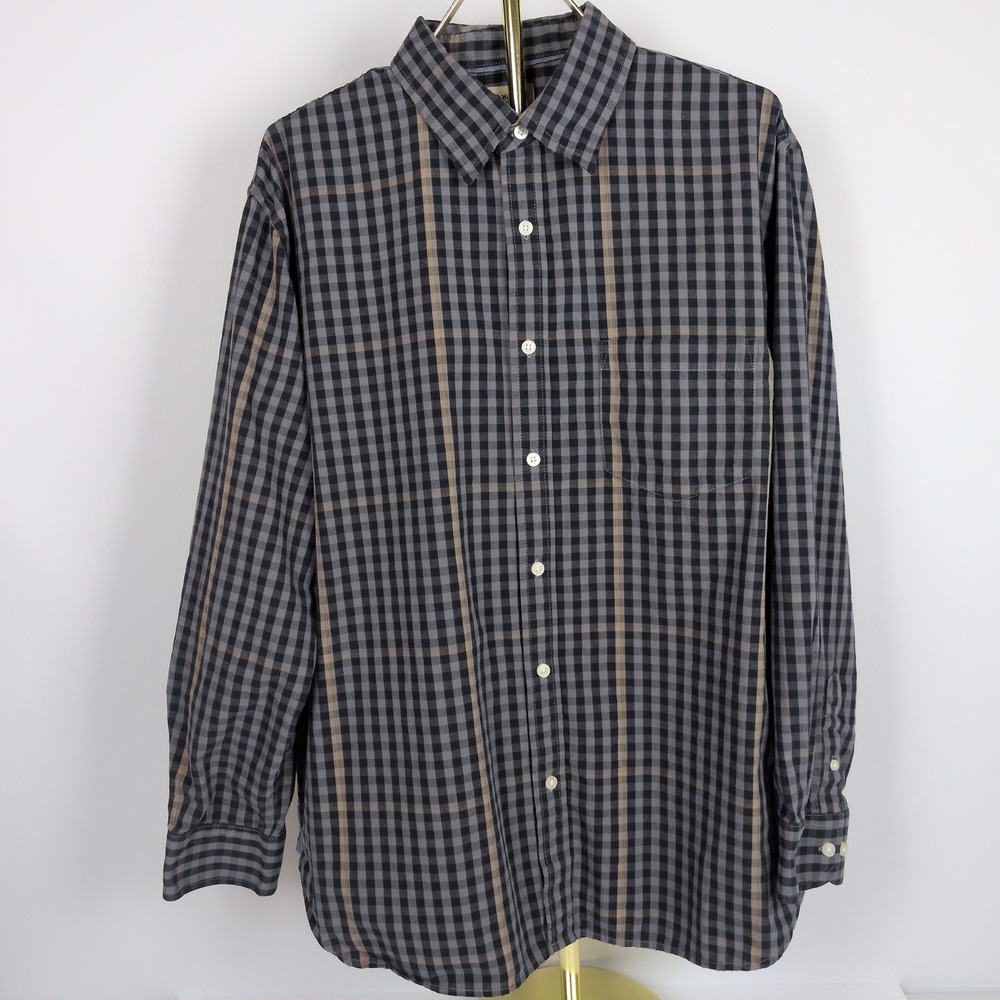Haggar Mens Large Button Down Shirt Grey Black Plaid Gingham Cotton Long Sleeve